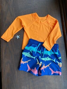 Kids Orange Rash Guard & Shark Print Swim Shorts Set